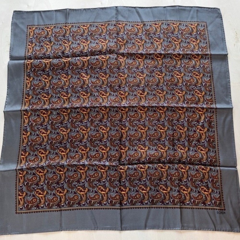 Echo Vintage Paisley Silk Chinon Scarf Gray Gold Hand Rolled 24 Inch Square